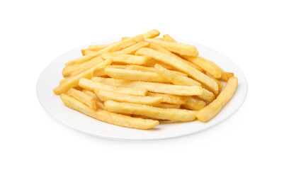 Many delicious French fries isolated on white