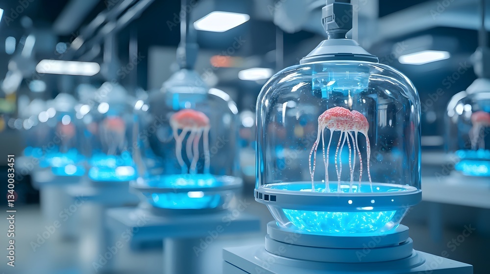 Poster mysterious aquatic creatures suspended in a futuristic glass enclosure illuminated by a glowing blue