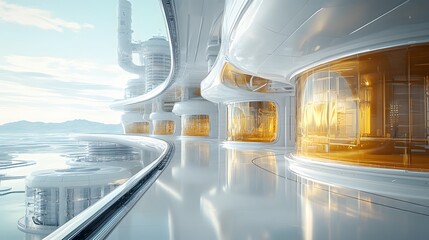 A futuristic city's sleek, white architecture. Innovative design, advanced technology. Oil Production Process Theme Background Fully automated Industrial Oil Refinery