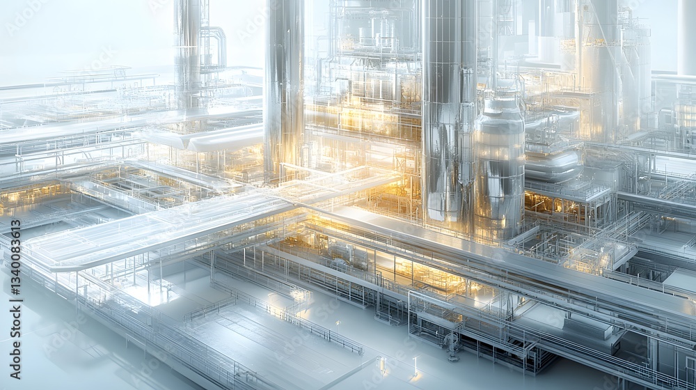 Poster a mesmerizing 3d rendering of a futuristic industrial complex, showcasing intricate steel structures