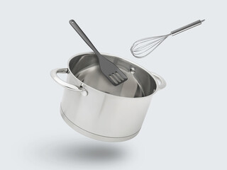 Saucepan, slotted spatula and whisk in air on white background