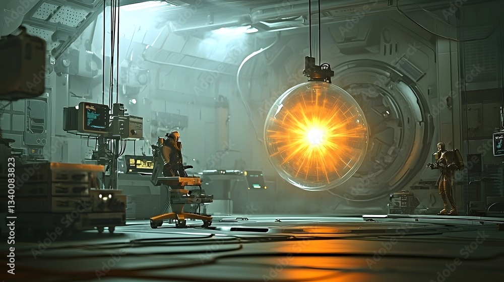 Aufkleber mysterious pulsating orb glowing with strange powerful radiation within an industrial research labor