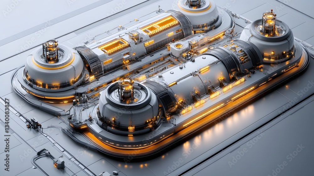 Poster a digital 3d rendering of a futuristic power plant, showcasing its intricate design and advanced tec