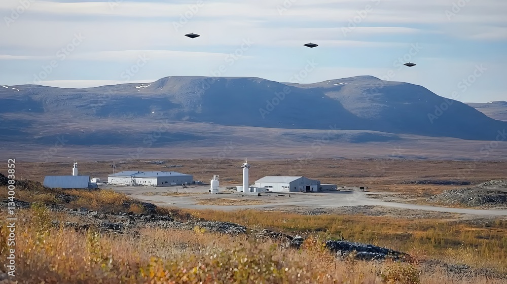 Poster mysterious unidentified flying objects observed in the sky above a remote scientific research facili