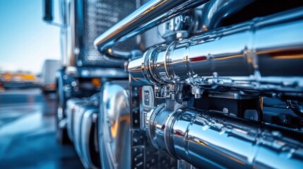 Fototapeta premium Shiny chrome exhaust pipes and structure of a big commercial truck