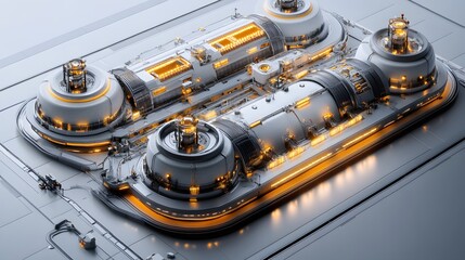A digital 3D rendering of a futuristic power plant, showcasing its intricate design and advanced technology. Oil Production Process Theme Background Fully automated Industrial Oil Refinery