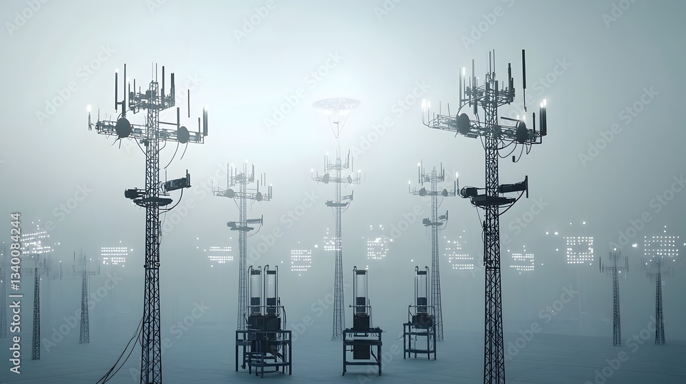 Aufkleber representation of a futuristic cityscape featuring towering high tech structures equipped with scientific monitoring devices scanning the atmospheric environment for unexplained celestial phenomena