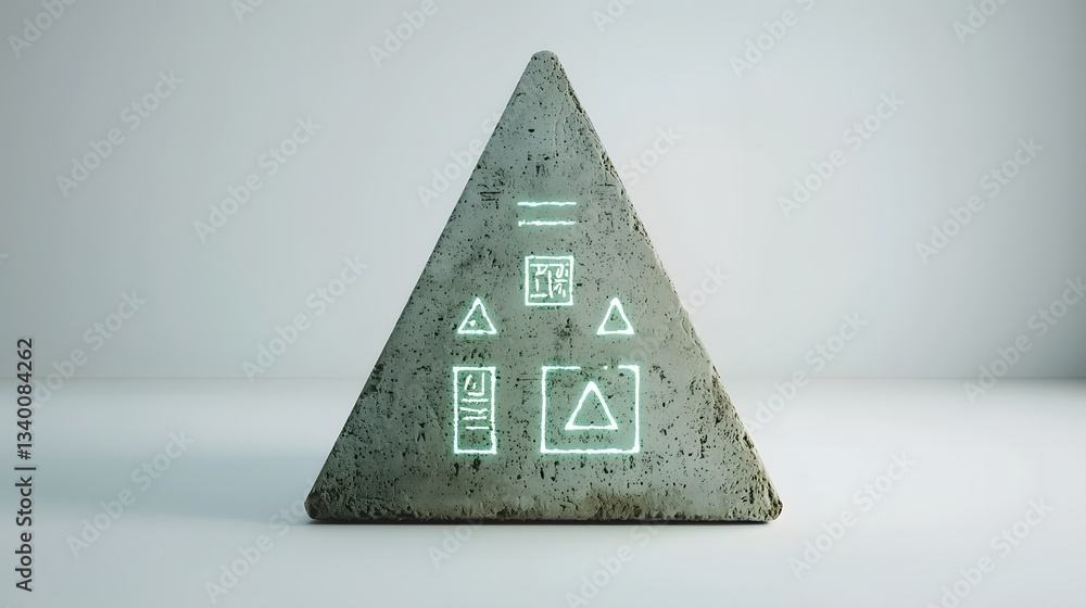 Fototapete representation of a geometric minimalist artifact with glowing green symbols against a plain white b