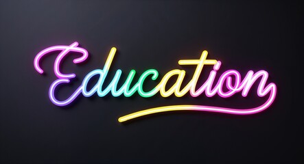 Fototapeta premium education glowing colorful neon cursive calligraphy lettering on plain black dark background