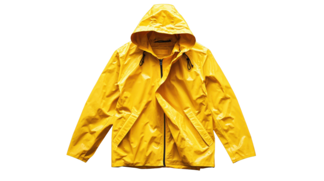 Yellow raincoat isolated on transparent background, ready for bad weather