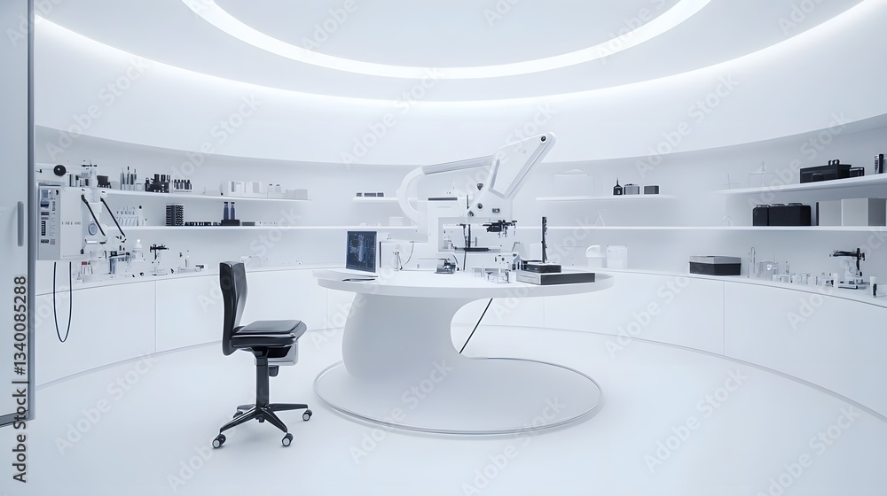 Aufkleber Sleek and minimalist workspace with circular desk shelves and sophisticated scientific equipment creating an advanced high tech environment for research and innovation