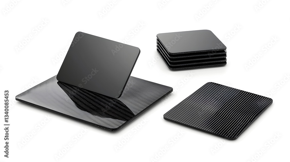 Poster stacked carbon fiber surfaces arranged in a symmetrical pattern creating a sleek and sophisticated f