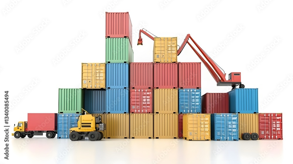 Poster stacks of colorful shipping containers representing the rising tension caused by escalating tariffs 