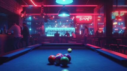 Vibrant Neon Bar with Pool Table and Social Atmosphere