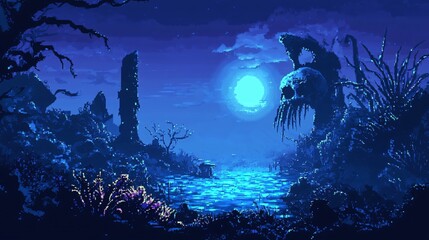 Obraz premium A pixel art landscape featuring a skull formation under moonlight, surrounded by water and ominous flora in a dark, atmospheric setting.