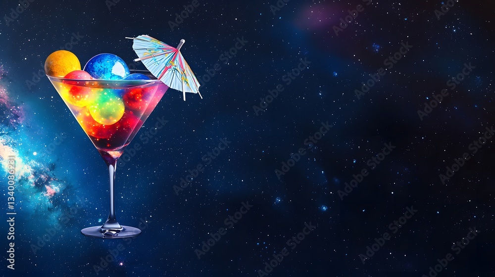 Poster delightful cocktail with a rainbow umbrella adding a splash of color to a cosmic drink experience in