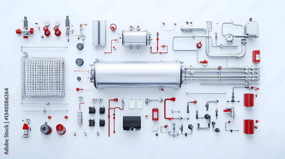 Poster This image showcases a arrangement of various pipes valves and connections that are part of a heat exchanger system displayed against a clean white background