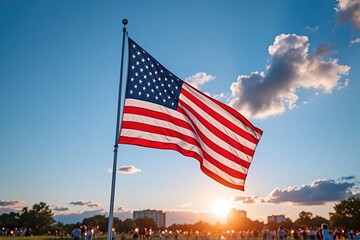 Naklejka premium Majestic American flag waving against a vibrant sunset sky.