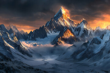 Obraz premium Majestic Snow-Capped Peaks Kissed by Golden Sunlight in a Dramatic Landscape