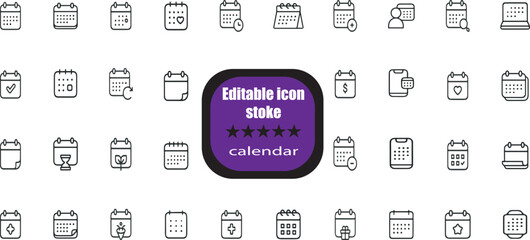 outline icons related to calendar. Linear icon collection. Editable stroke