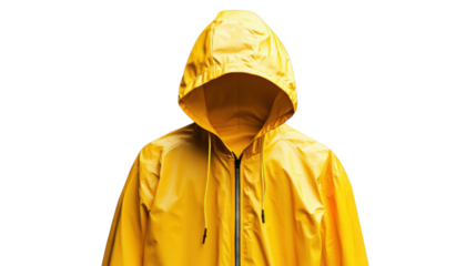 Yellow raincoat with hood up on transparent background