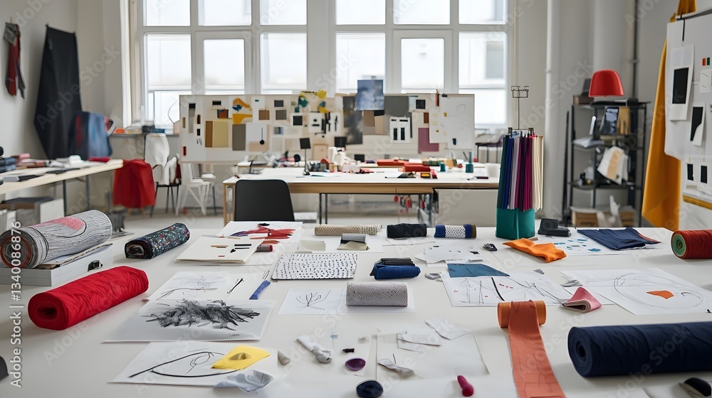 Aufkleber vibrant and organized creative fashion studio workspace brimming with fabric samples design prototyp