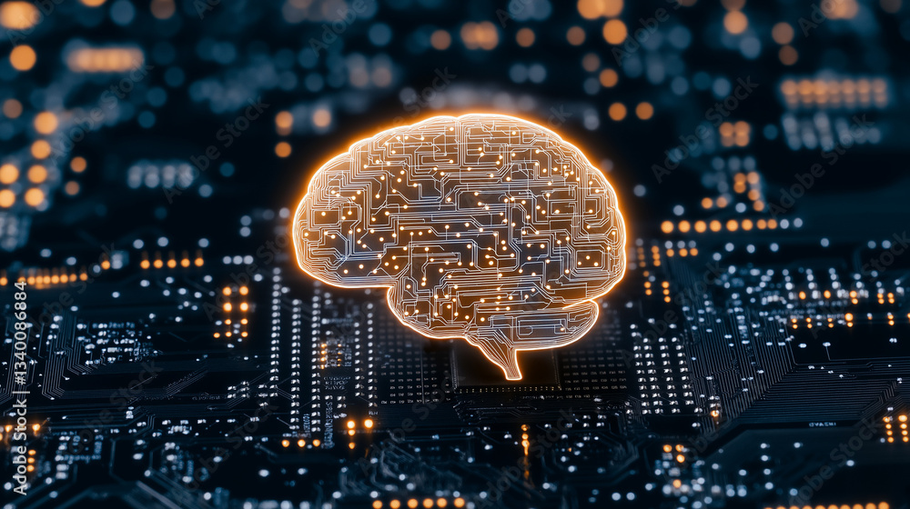 Poster digital mind: a glowing brain formed from digital circuits floats above a complex motherboard. an ar