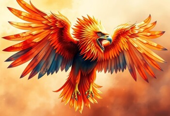 Fototapeta premium Fiery lion-eagle hybrid, watercolor painting, warm tones, wings outstretched, beast, griffin