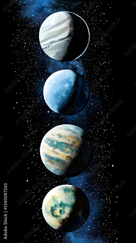 Poster mesmerizing view of colorful planets floating in a starry sky with a beautiful galactic storm as the