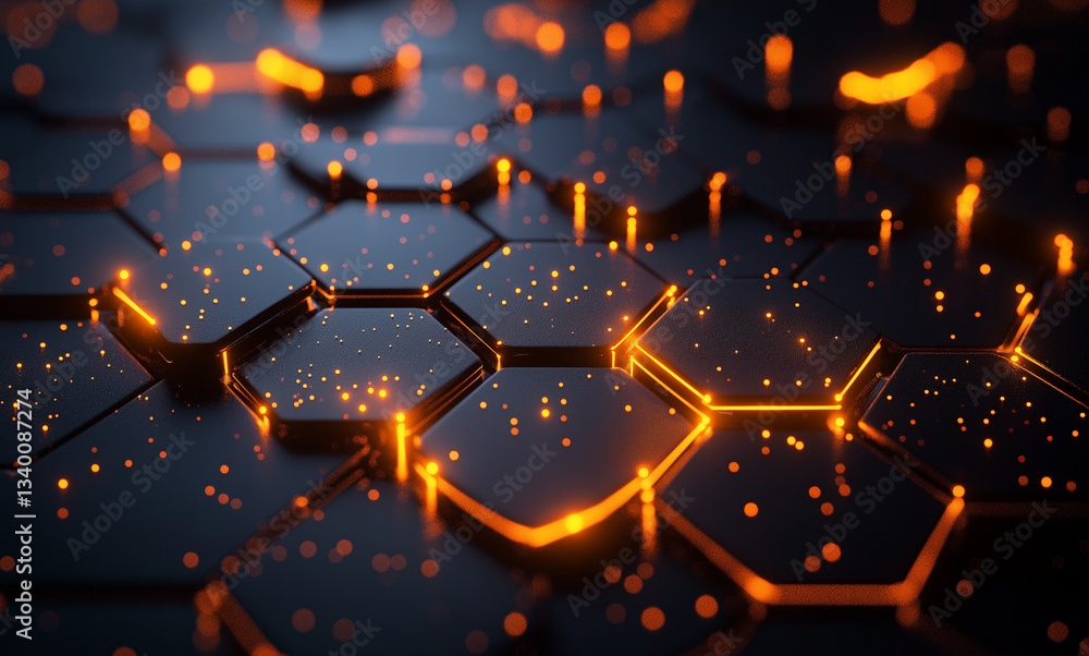 Poster D Render of Glowing Orange Hexagons in a Linear Pattern on a Dark Abstract Background