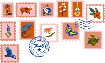 Texas symbols on postmarks. Vector illustration set