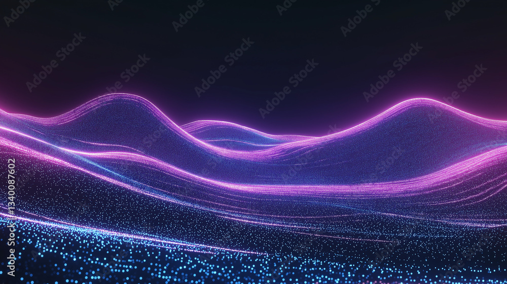 Poster abstract data waves: abstract illustration of rolling hills or waves created with glowing dots in vi