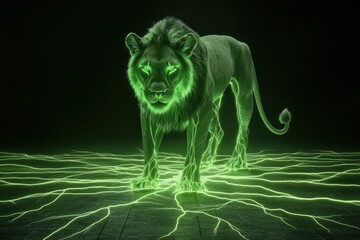 Fototapeta premium Glowing Energy Grid Interwoven with Lush Roots of a Majestic Tree and a Lion