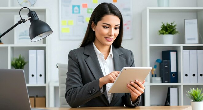 Mujer hispana ejecutiva usando una tableta en una oficina moderna