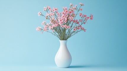 Bouquet of pink flowers in vase on blue background.
