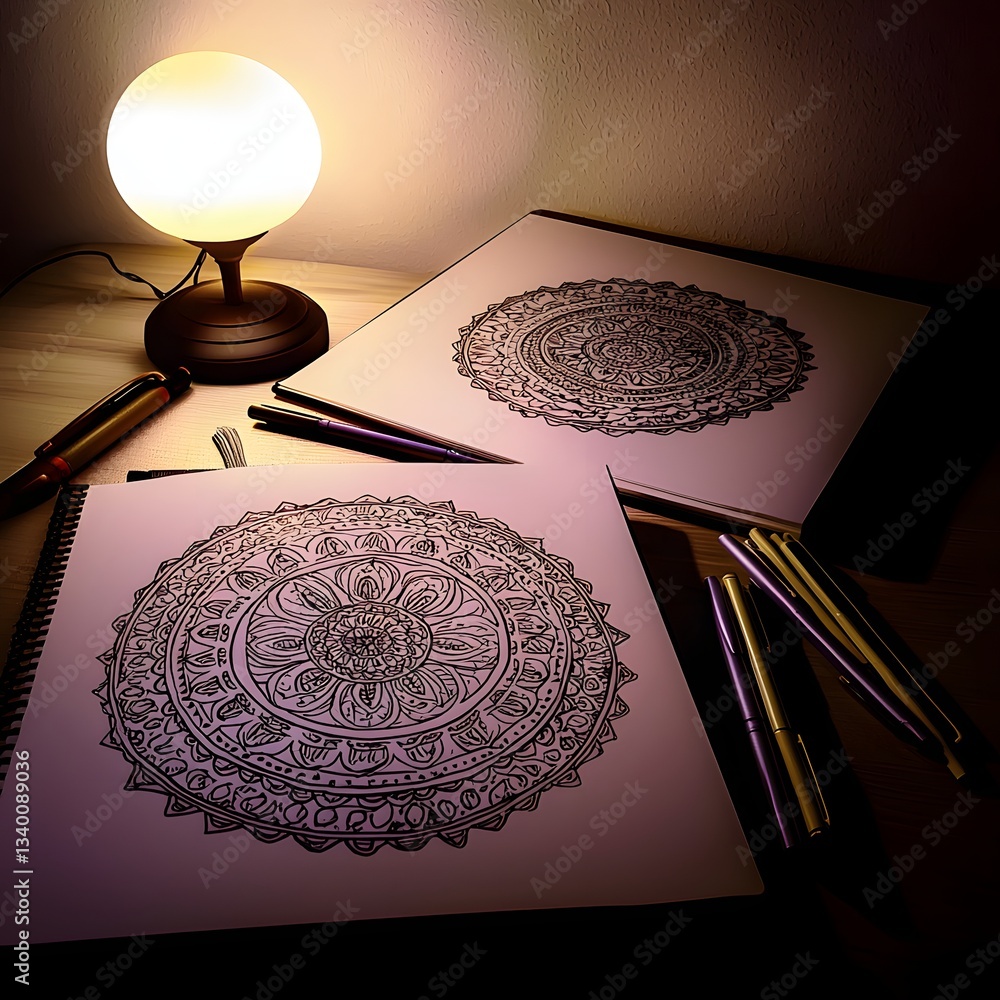 Poster cozy workspace featuring a lamp and two notebooks with hand-drawn mandala patterns on the open pages