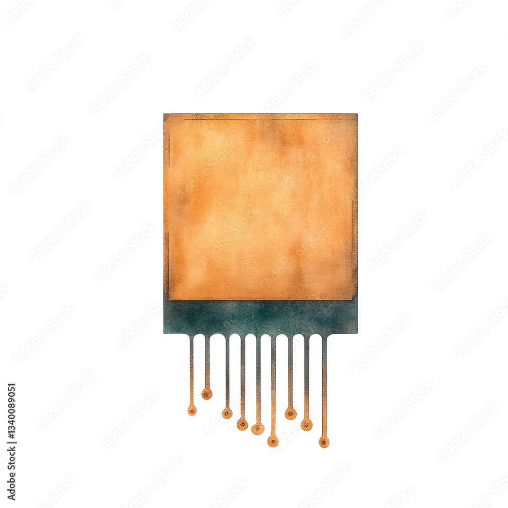 Poster a square artwork with a textured surface, featuring a palette of warm tones and a blue-green base wi