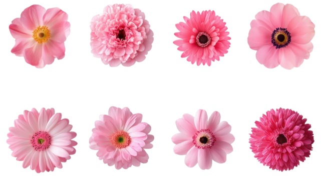 A row of pink flowers with different shapes and sizes