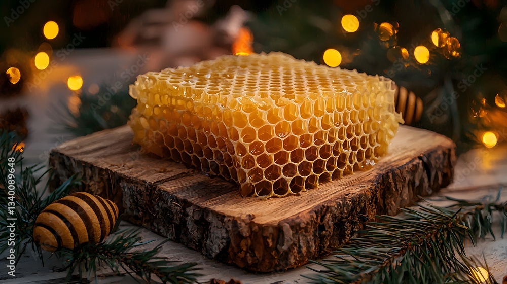 Poster artistic presentation of a honeycomb on a wooden board displaying its natural layered structure and 