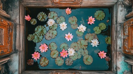 A pond with many lilies floating on the surface