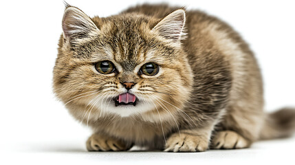 Obraz premium A kitten with a pink tongue is looking at the camera. AI Generated