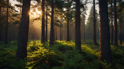 Fototapeta premium Sunlight Streaming Through Pine Tree Forest Illuminating Lush Green Undergrowth