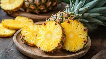 Ripe pineapple slices on a wood plate with whole fruits behind them. Illustrate healthy eating, tropical themes, or summer food.