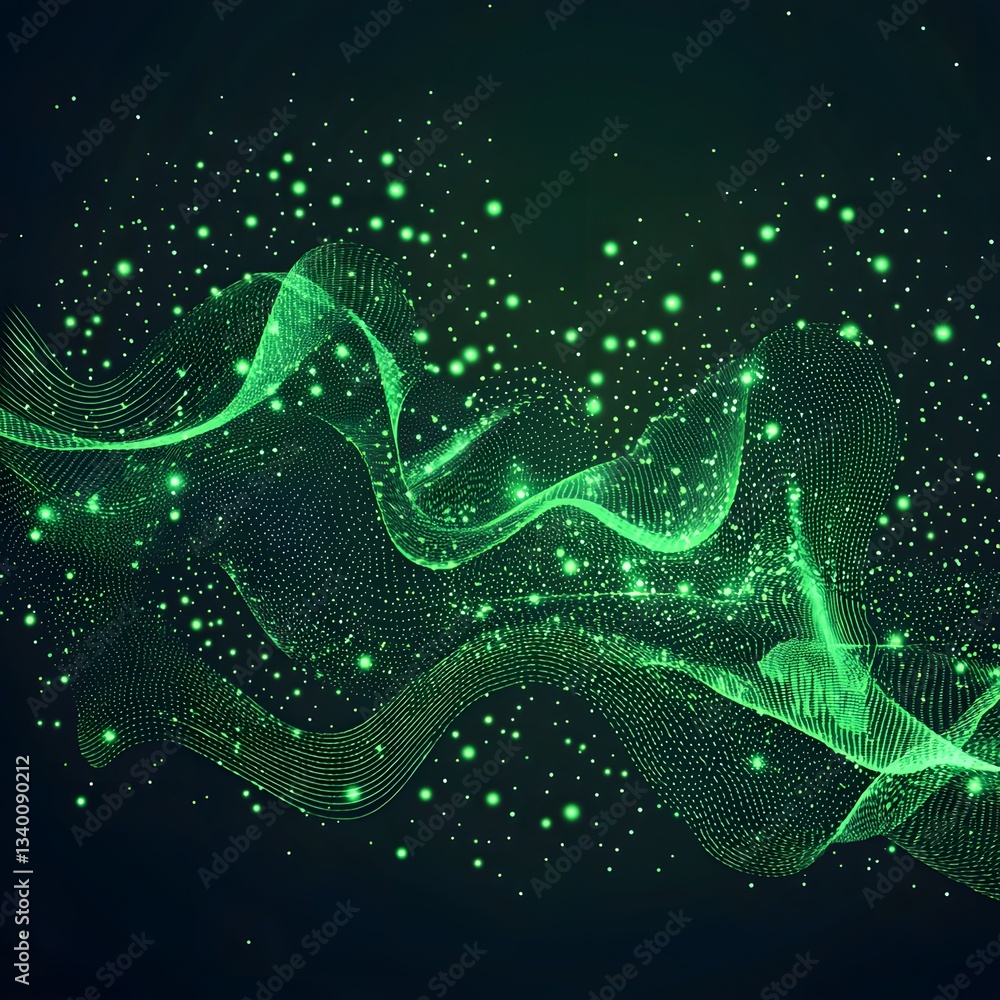 Poster luminous green wave pulsating with glowing lights against a dark cosmic background in an abstract re