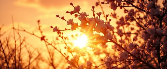 Golden hour sunlight filters through blossoming branches, painting the sky fiery orange and pink, clouds, beautiful