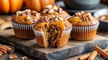 Plump pumpkin muffins sit invitingly adorned with a golden caramel glaze and crunchy nuts, evoking the cozy essence of autumn festivities in a warm, rustic setting.