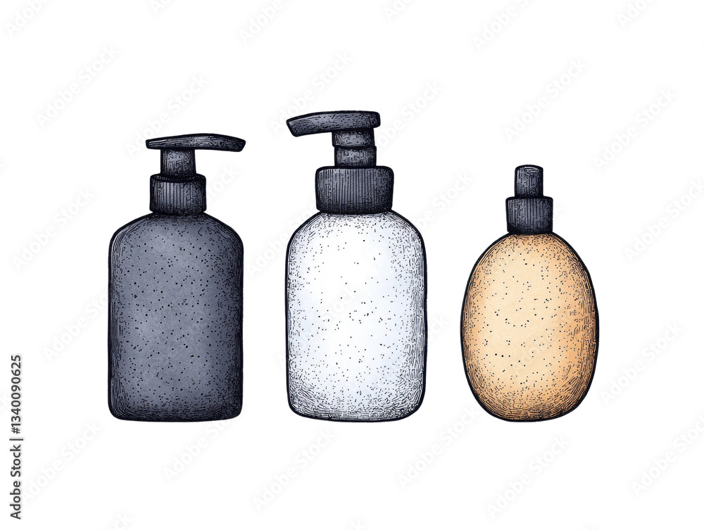 Poster three different bottles with pumps, each varying in size and color, ideal for dispensing liquids suc