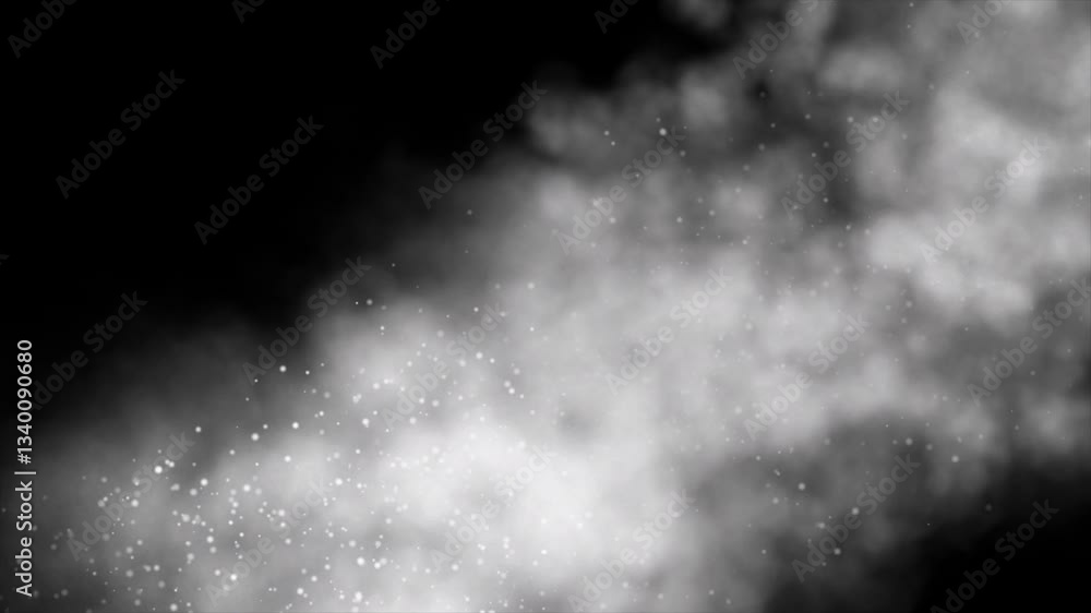 Poster abstract white smoke on loop with particles on black background