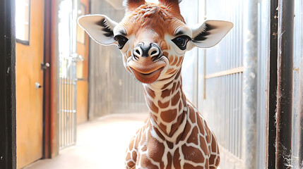 A baby giraffe is sitting in a pen with a metal fence. AI Generated