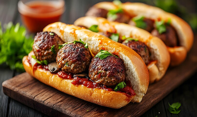Delicious meatball subs, complete with rich tomato sauce on wooden board